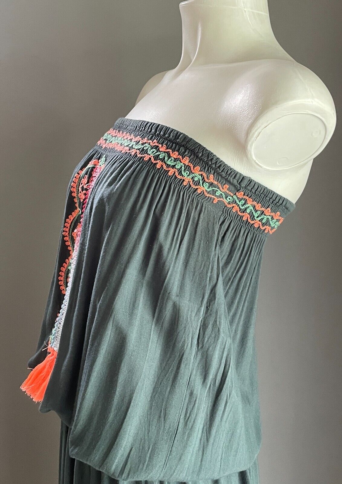 Maxi Dress Dark Sage Green Coral Red Shirred Strapless Elastic Waist Size 10