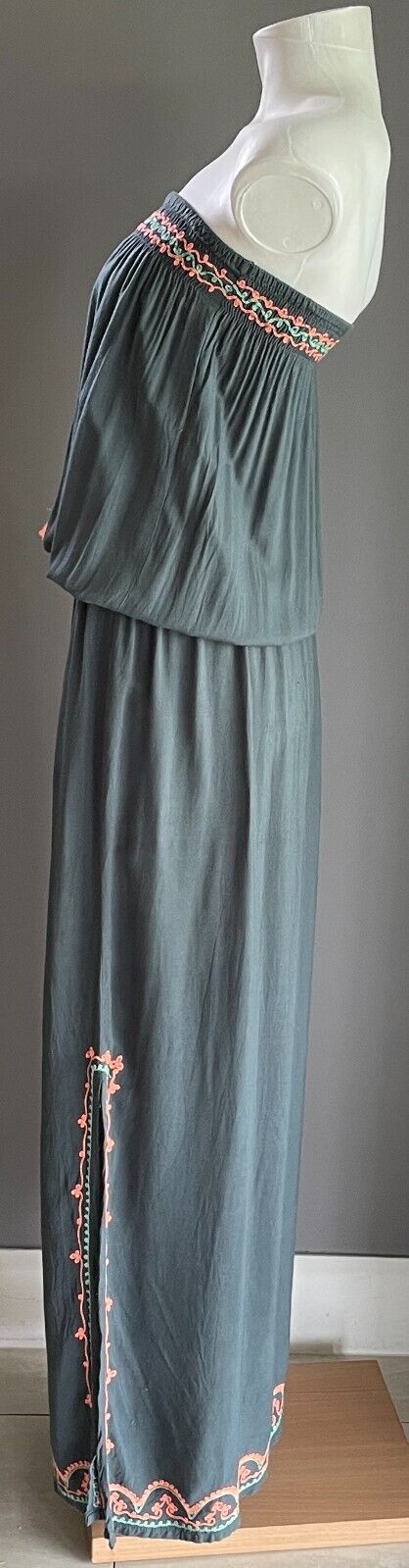 Maxi Dress Dark Sage Green Coral Red Shirred Strapless Elastic Waist Size 10
