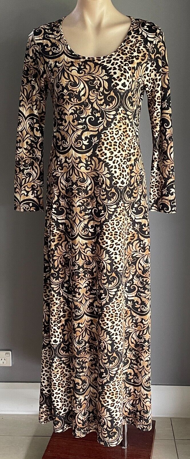 BEAUTY Maxi Dress Brown & Black Print Long Sleeve A-Line Stretch Size L NEW
