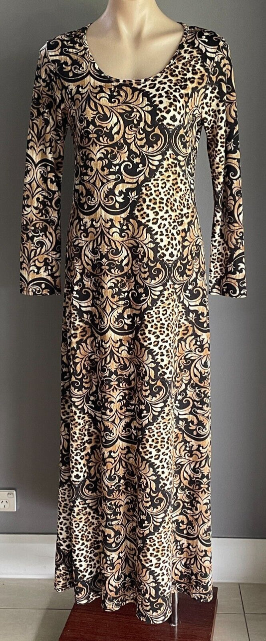 BEAUTY Maxi Dress Brown & Black Print Long Sleeve A-Line Stretch Size L NEW