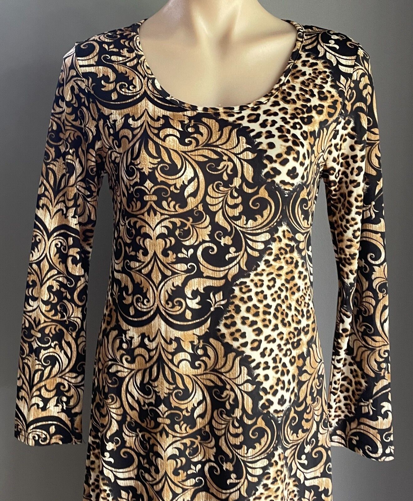 BEAUTY Maxi Dress Brown & Black Print Long Sleeve A-Line Stretch Size L NEW