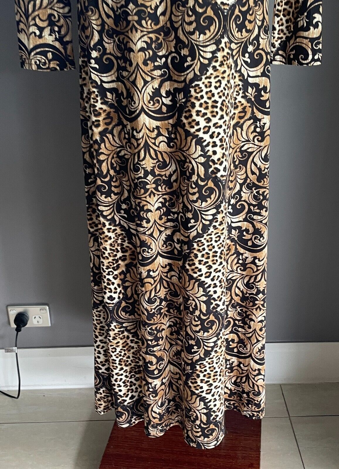 BEAUTY Maxi Dress Brown & Black Print Long Sleeve A-Line Stretch Size L NEW