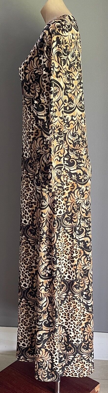 BEAUTY Maxi Dress Brown & Black Print Long Sleeve A-Line Stretch Size L NEW
