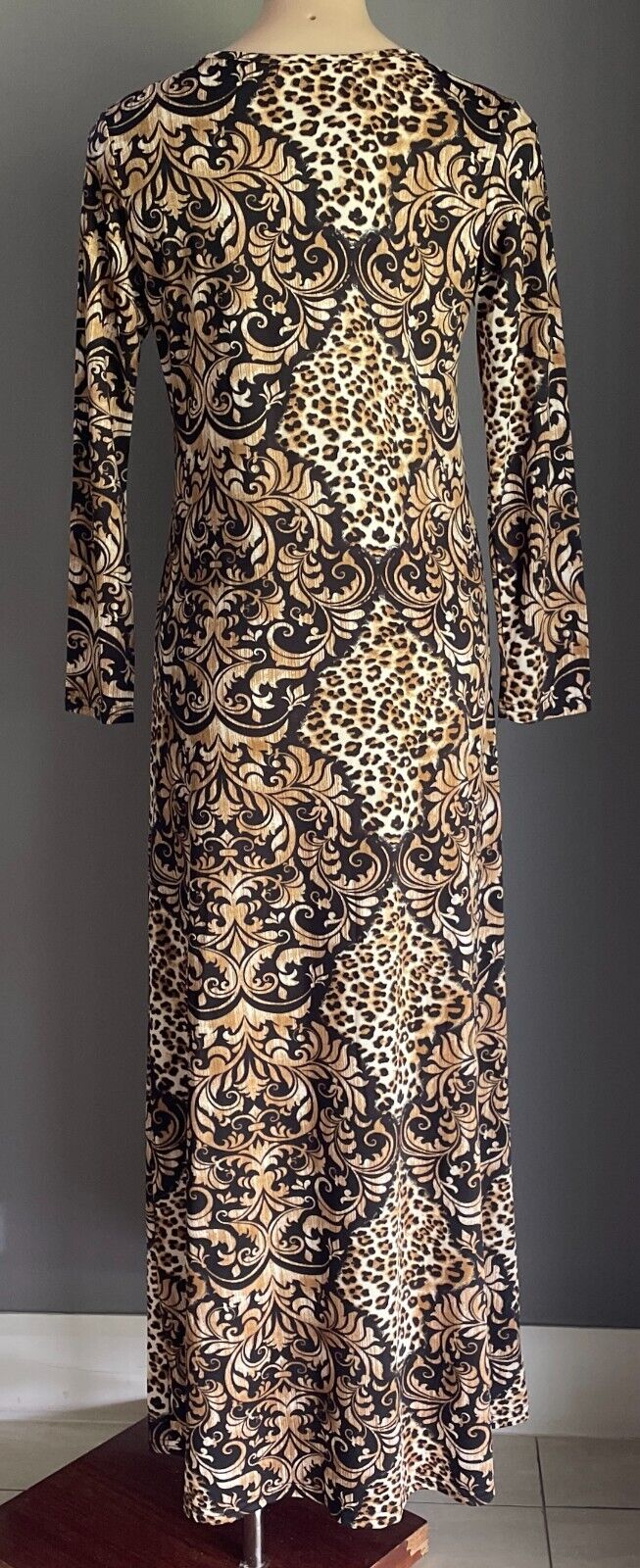 BEAUTY Maxi Dress Brown & Black Print Long Sleeve A-Line Stretch Size L NEW
