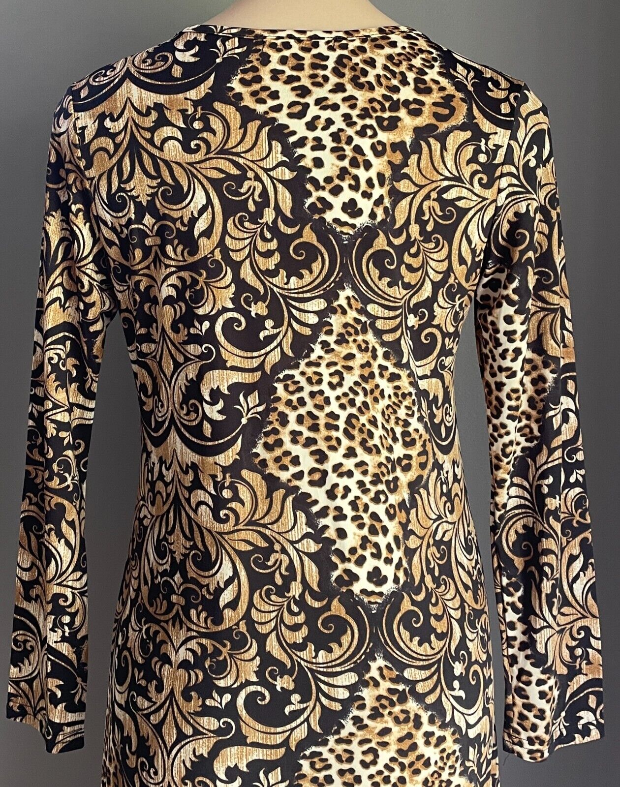 BEAUTY Maxi Dress Brown & Black Print Long Sleeve A-Line Stretch Size L NEW
