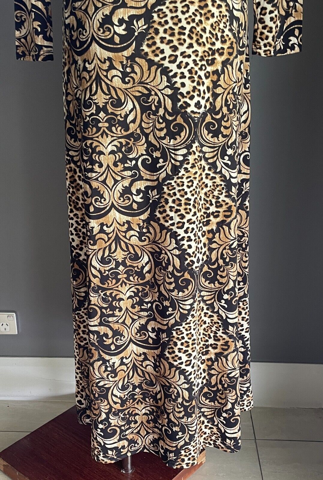 BEAUTY Maxi Dress Brown & Black Print Long Sleeve A-Line Stretch Size L NEW