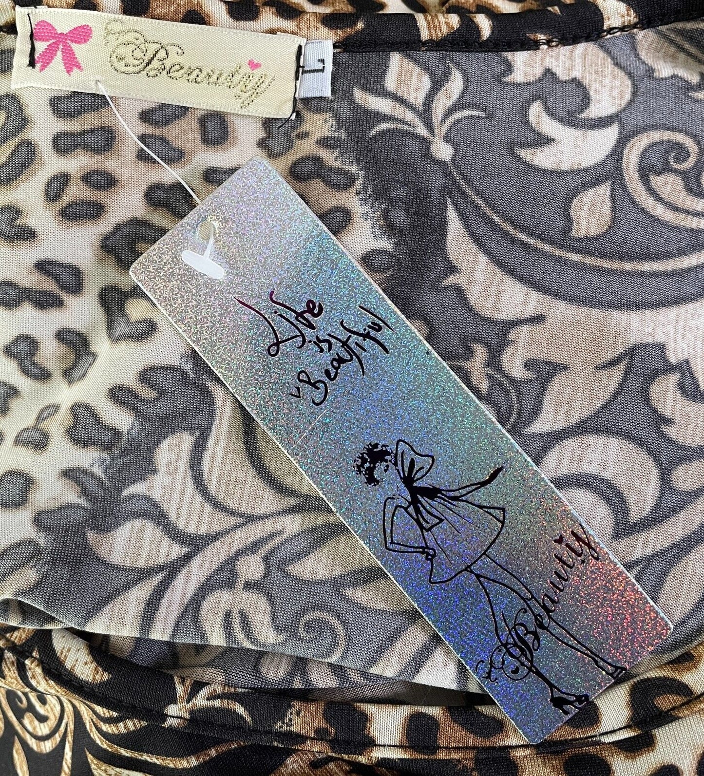BEAUTY Maxi Dress Brown & Black Print Long Sleeve A-Line Stretch Size L NEW
