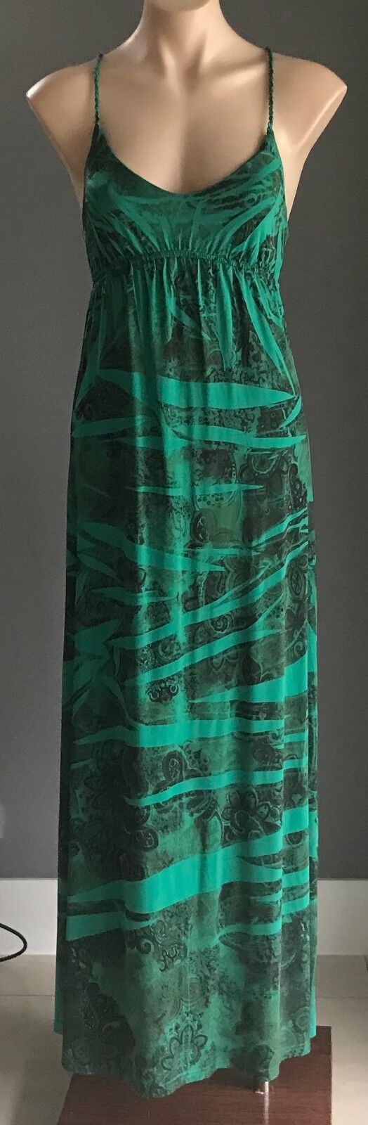 Maxi Dress FORELLE Green Black Multi Print Cross Over Back Long Sz 8 10 Fab NEW