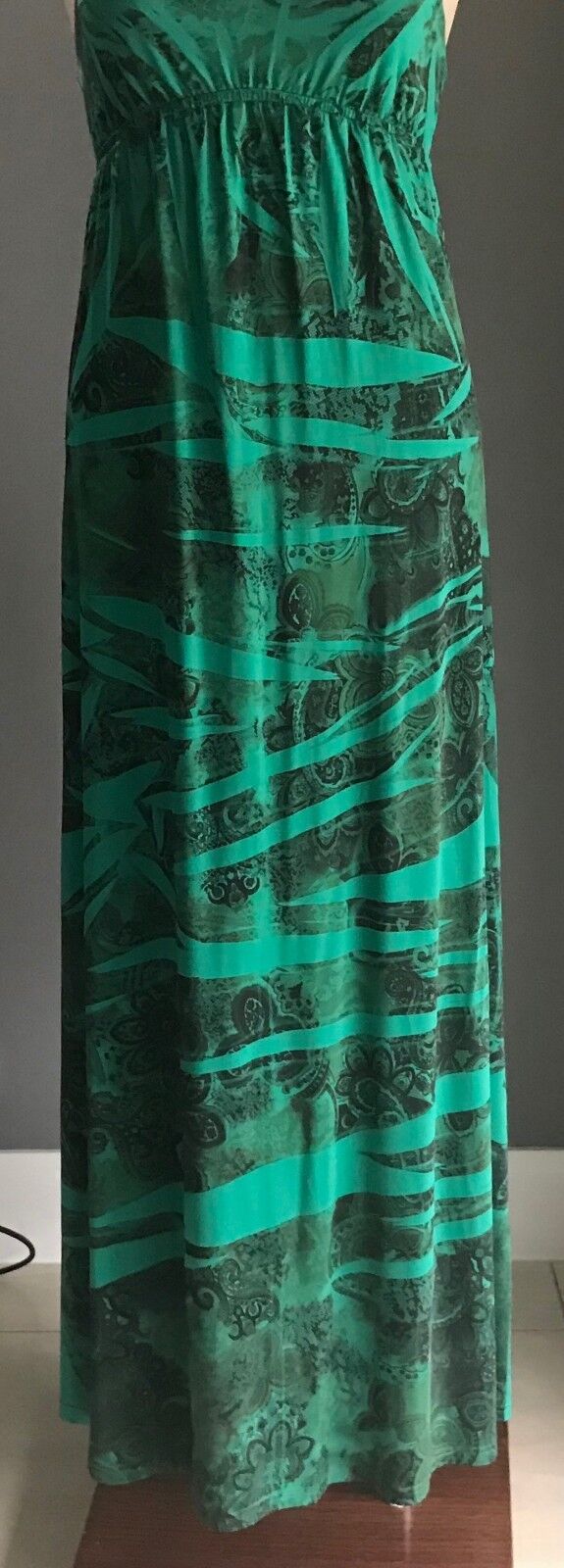 Maxi Dress FORELLE Green Black Multi Print Cross Over Back Long Sz 8 10 Fab NEW