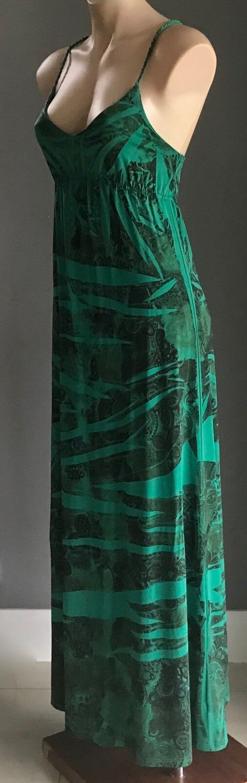 Maxi Dress FORELLE Green Black Multi Print Cross Over Back Long Sz 8 10 Fab NEW