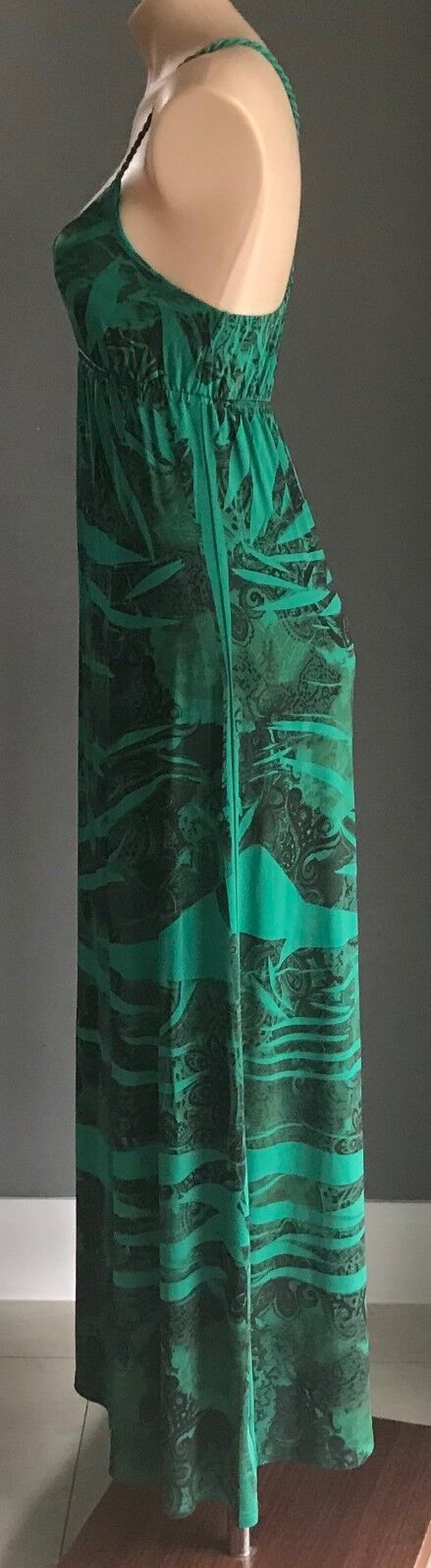Maxi Dress FORELLE Green Black Multi Print Cross Over Back Long Sz 8 10 Fab NEW