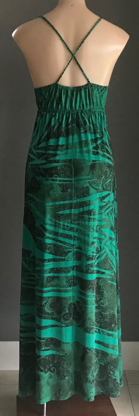 Maxi Dress FORELLE Green Black Multi Print Cross Over Back Long Sz 8 10 Fab NEW