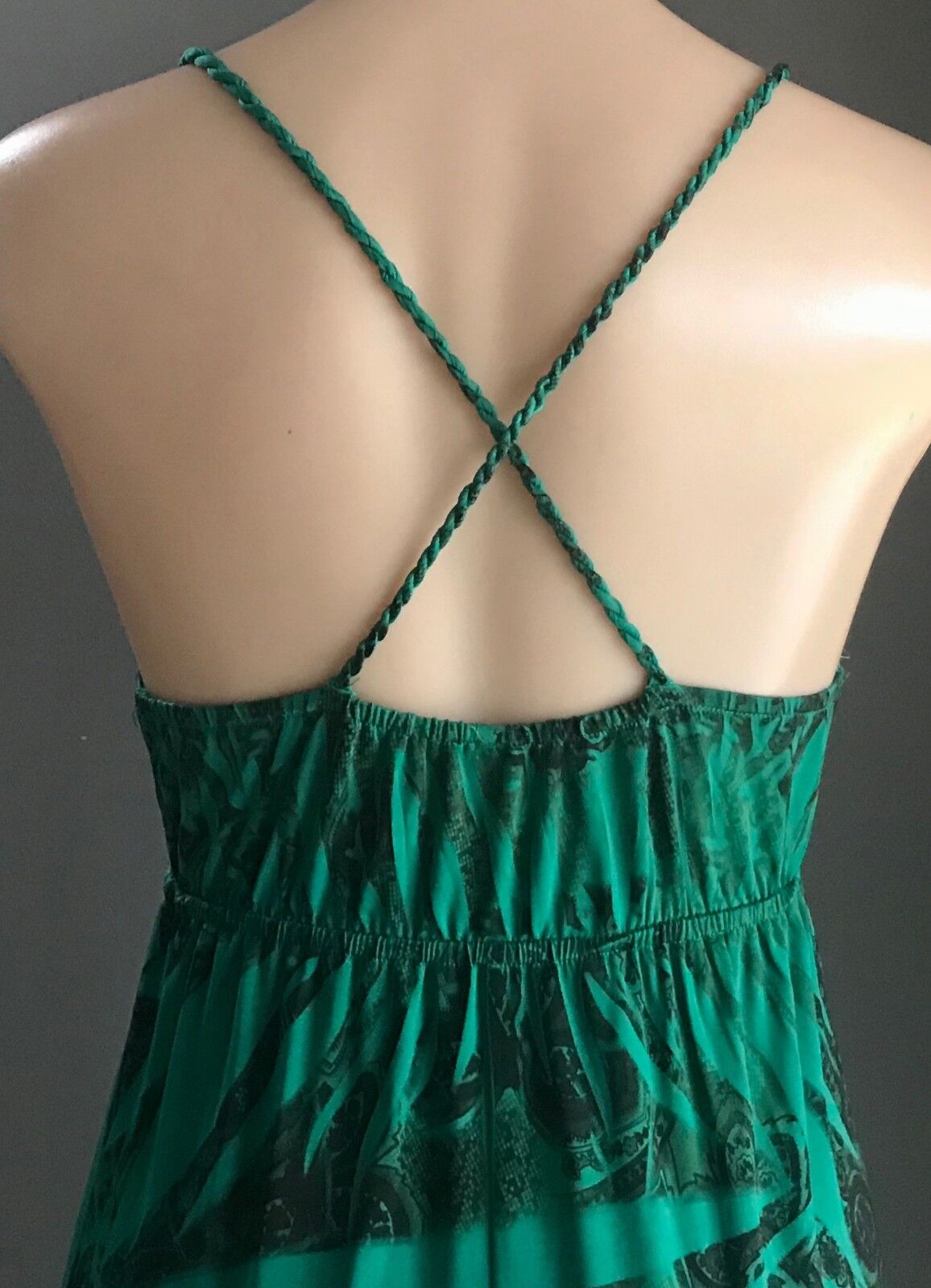 Maxi Dress FORELLE Green Black Multi Print Cross Over Back Long Sz 8 10 Fab NEW