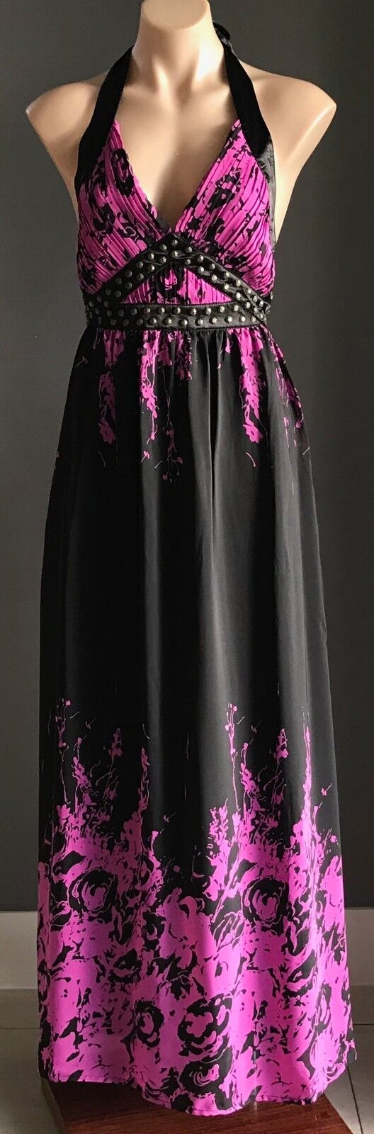 Maxi Dress COCO ANGELIN Black & Magenta Floral Print Halter Size 12
