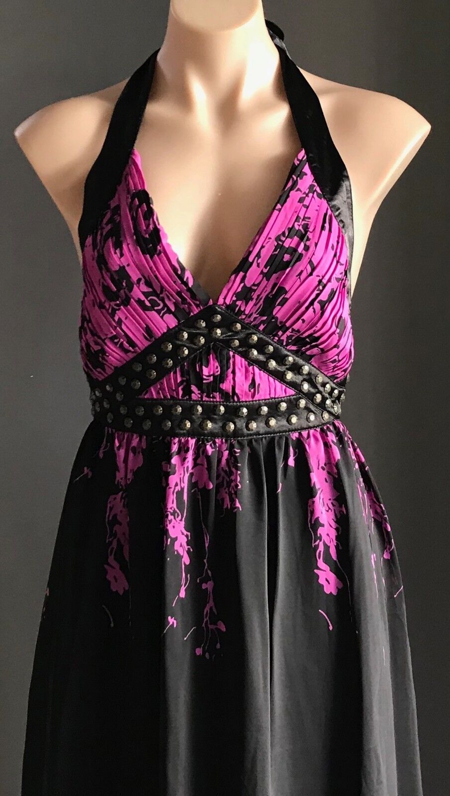 Maxi Dress COCO ANGELIN Black & Magenta Floral Print Halter Size 12