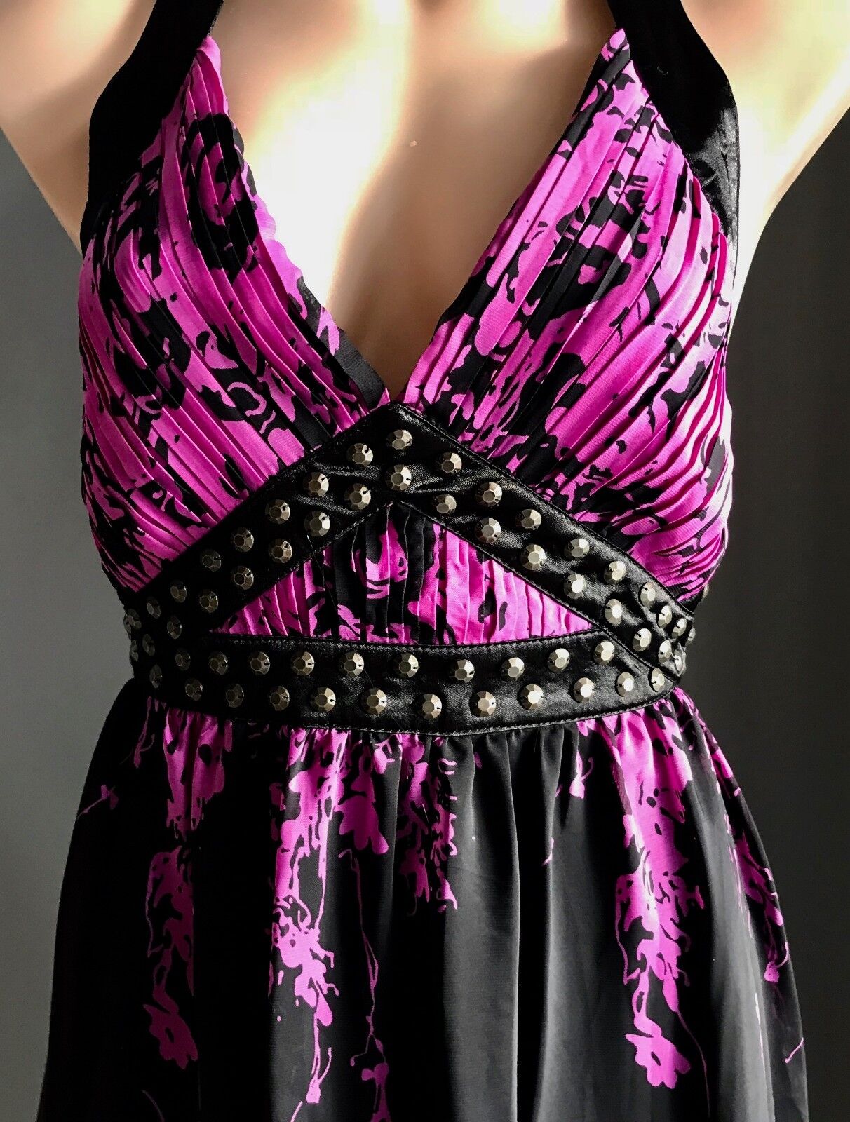 Maxi Dress COCO ANGELIN Black & Magenta Floral Print Halter Size 12