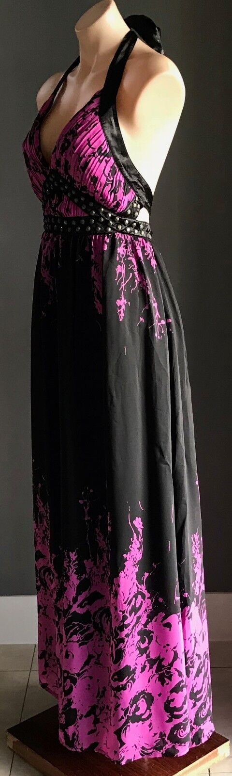 Maxi Dress COCO ANGELIN Black & Magenta Floral Print Halter Size 12
