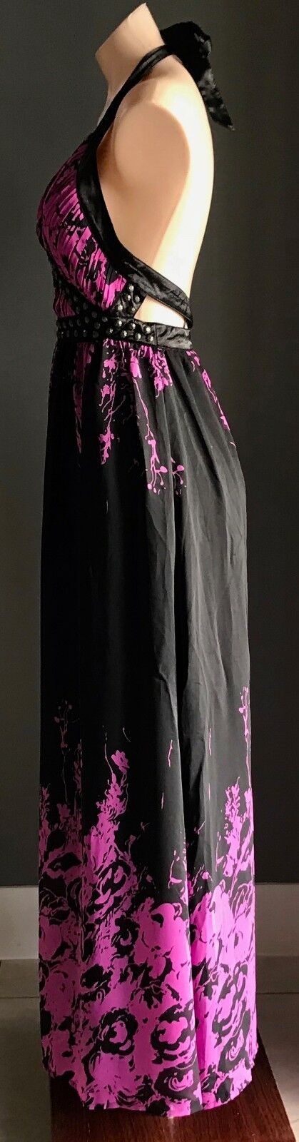 Maxi Dress COCO ANGELIN Black & Magenta Floral Print Halter Size 12