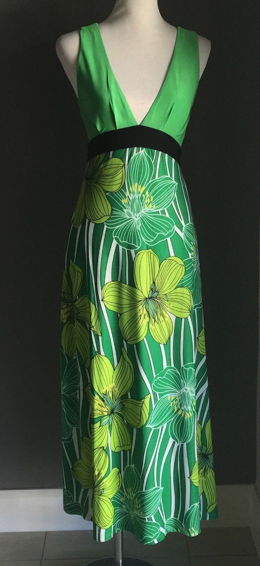 Maxi Dress CKM 1970's Style Green Floral Print Tie Back Long Size M 10