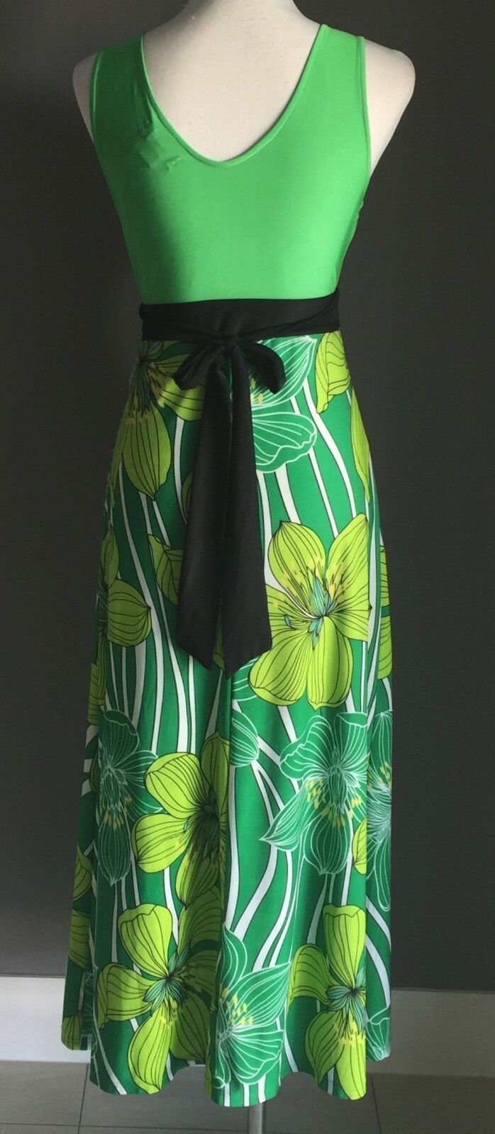 Maxi Dress CKM 1970's Style Green Floral Print Tie Back Long Size M 10