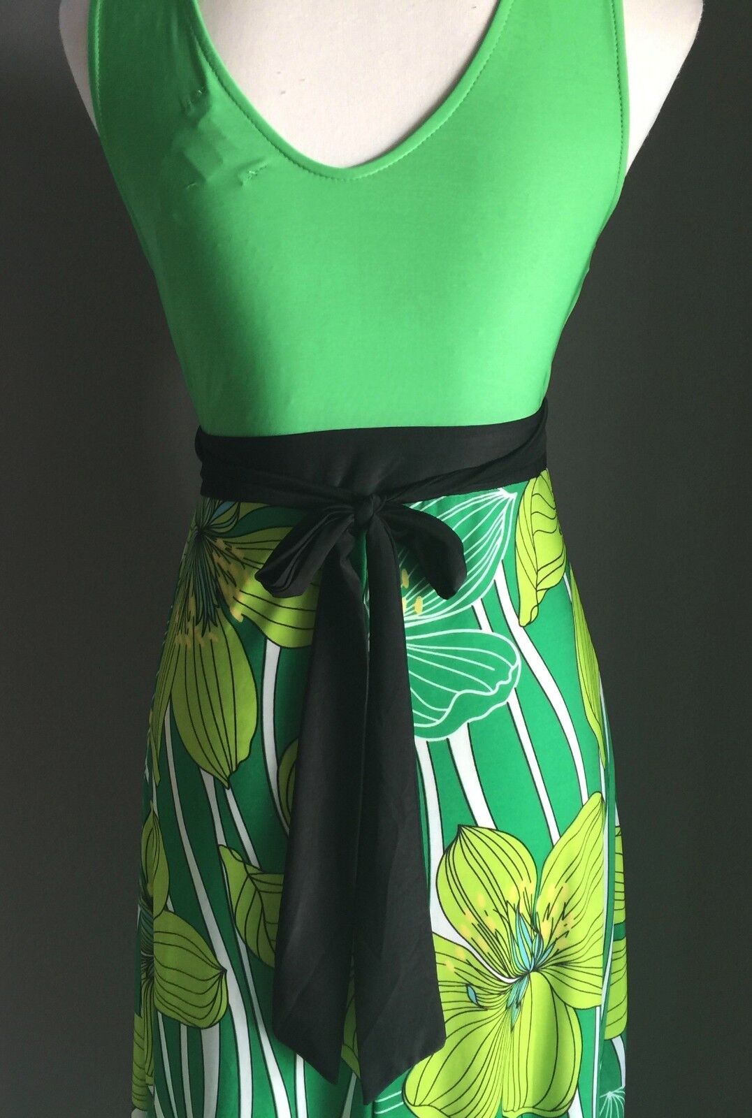 Maxi Dress CKM 1970's Style Green Floral Print Tie Back Long Size M 10