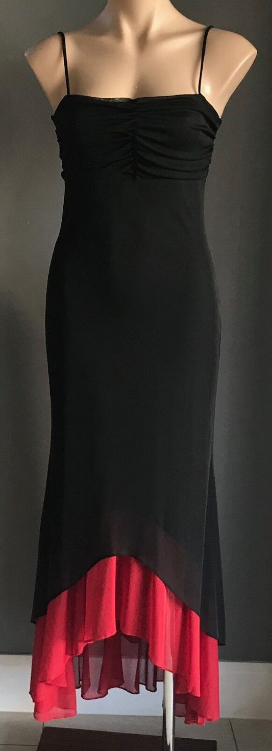 GERRY SHAW Gown Maxi Dress Sleeveless Column w Red Ruffle Hem Size 10 Vintage