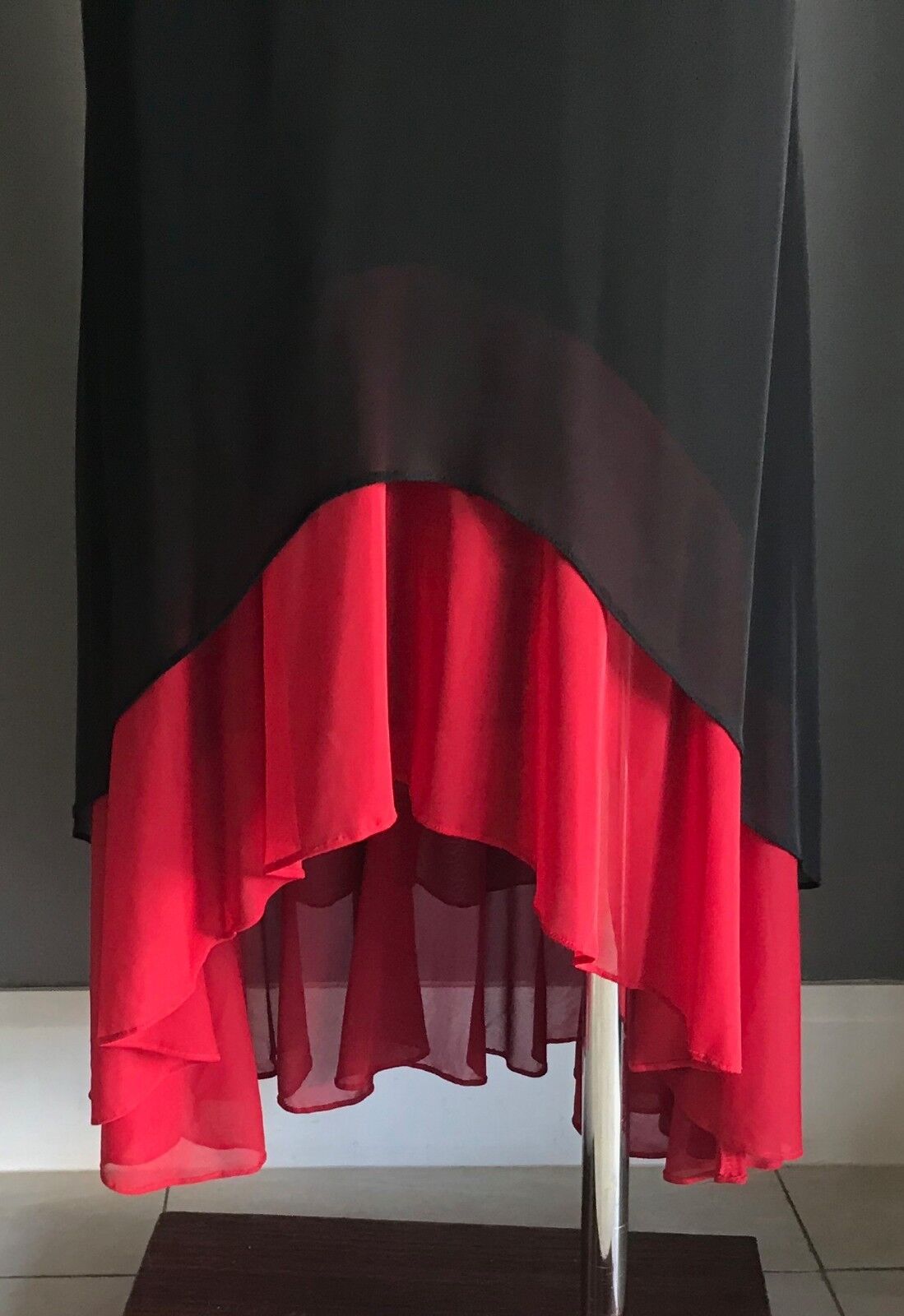GERRY SHAW Gown Maxi Dress Sleeveless Column w Red Ruffle Hem Size 10 Vintage
