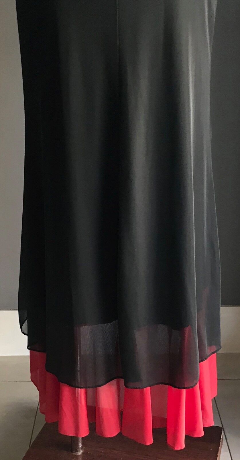 GERRY SHAW Gown Maxi Dress Sleeveless Column w Red Ruffle Hem Size 10 Vintage