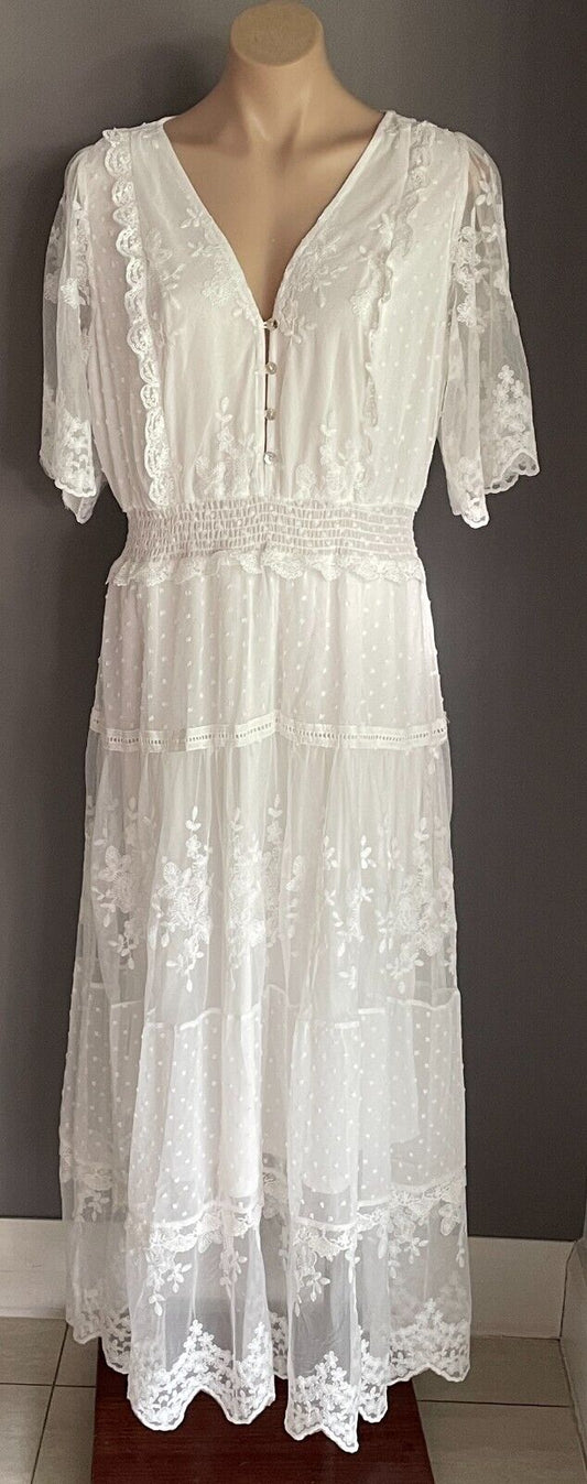 Maxi Dress White Embroidery Mesh Net V-Neck Lined Size XL 12 14 Elastic Waist