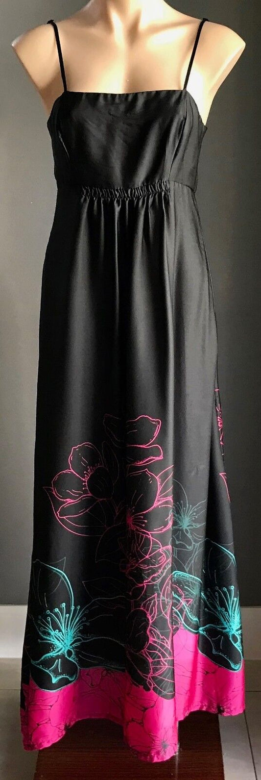 Maxi Dress UNDER COVER WEAR Black Satin Look Floral Print Hem Long Size 10
