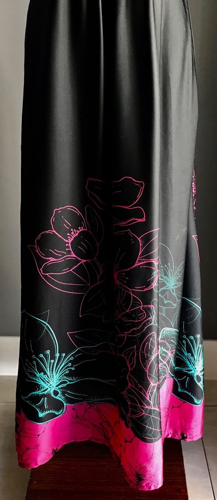 Maxi Dress UNDER COVER WEAR Black Satin Look Floral Print Hem Long Size 10