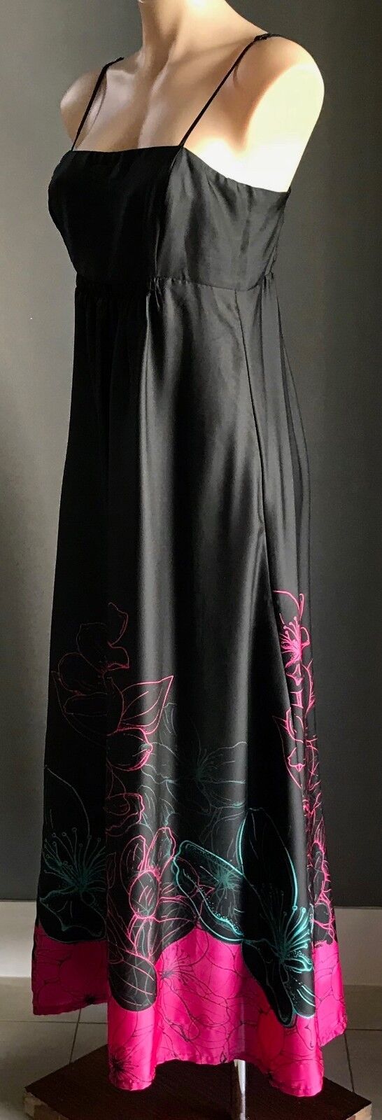 Maxi Dress UNDER COVER WEAR Black Satin Look Floral Print Hem Long Size 10