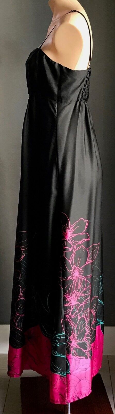 Maxi Dress UNDER COVER WEAR Black Satin Look Floral Print Hem Long Size 10