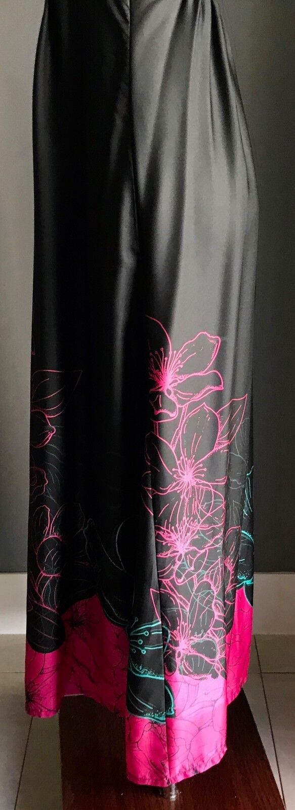 Maxi Dress UNDER COVER WEAR Black Satin Look Floral Print Hem Long Size 10
