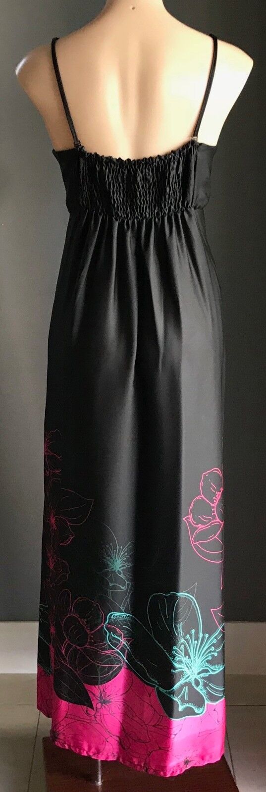 Maxi Dress UNDER COVER WEAR Black Satin Look Floral Print Hem Long Size 10