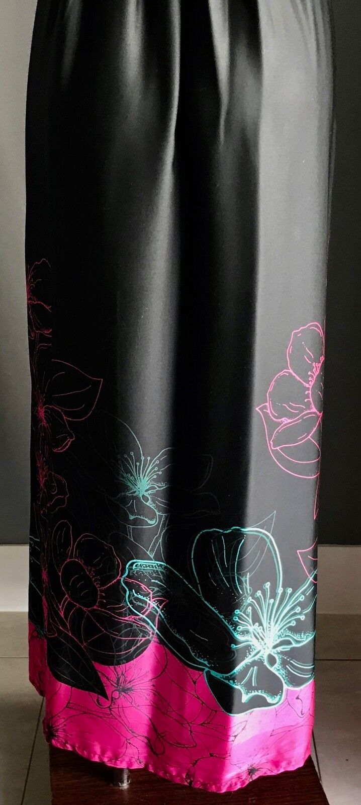 Maxi Dress UNDER COVER WEAR Black Satin Look Floral Print Hem Long Size 10
