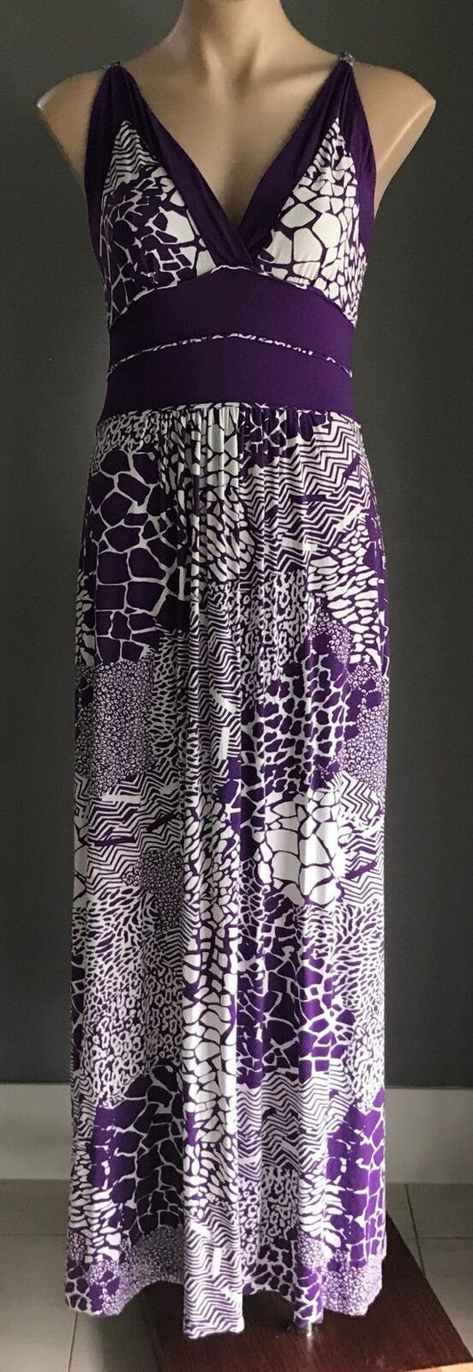 Maxi Dress HEINE Purple & White Print Sleeveless Stretch Size 38 10 Boho Hippy