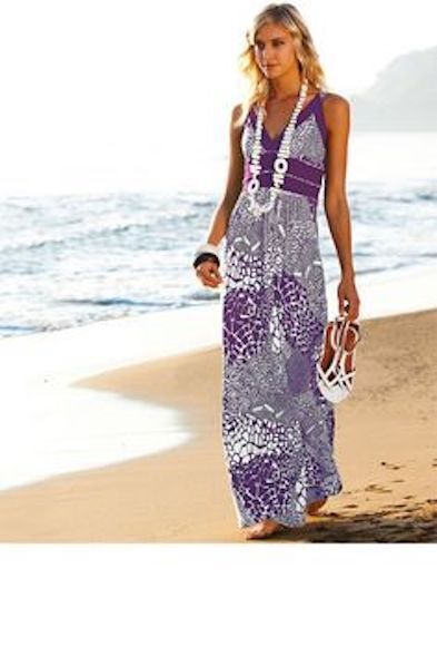 Maxi Dress HEINE Purple & White Print Sleeveless Stretch Size 38 10 Boho Hippy