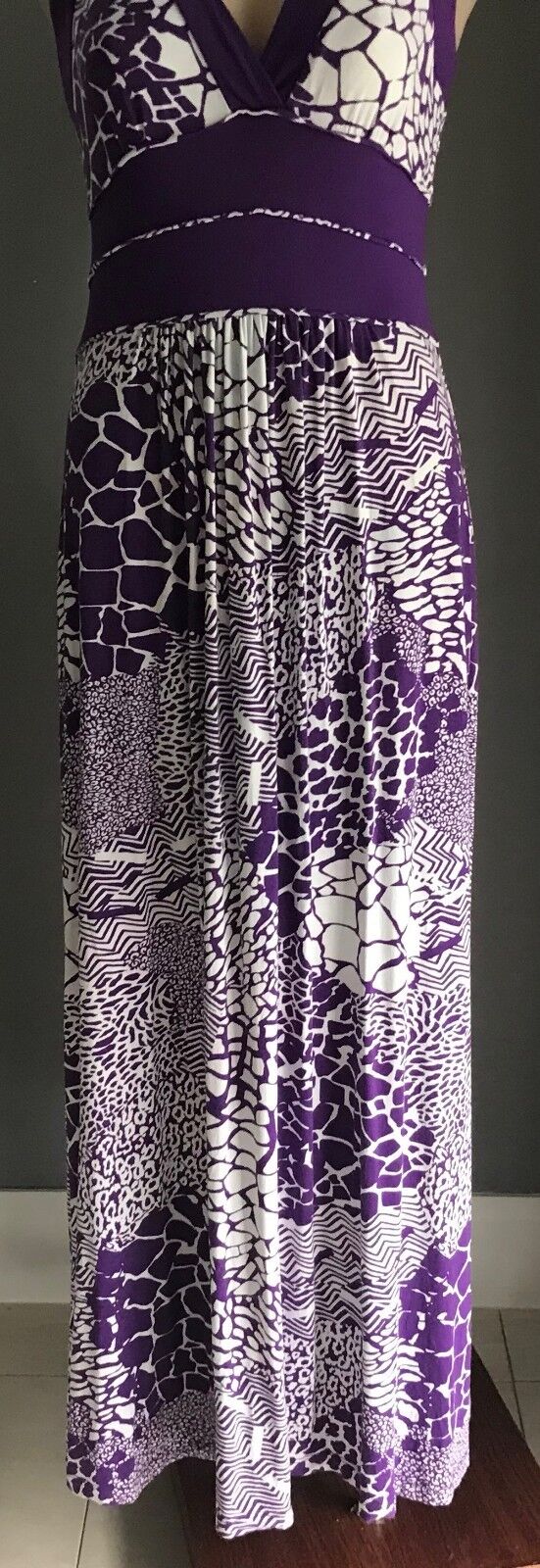 Maxi Dress HEINE Purple & White Print Sleeveless Stretch Size 38 10 Boho Hippy