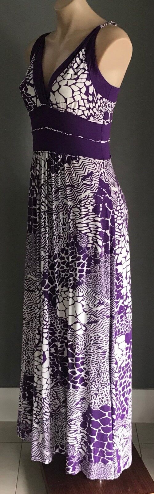 Maxi Dress HEINE Purple & White Print Sleeveless Stretch Size 38 10 Boho Hippy