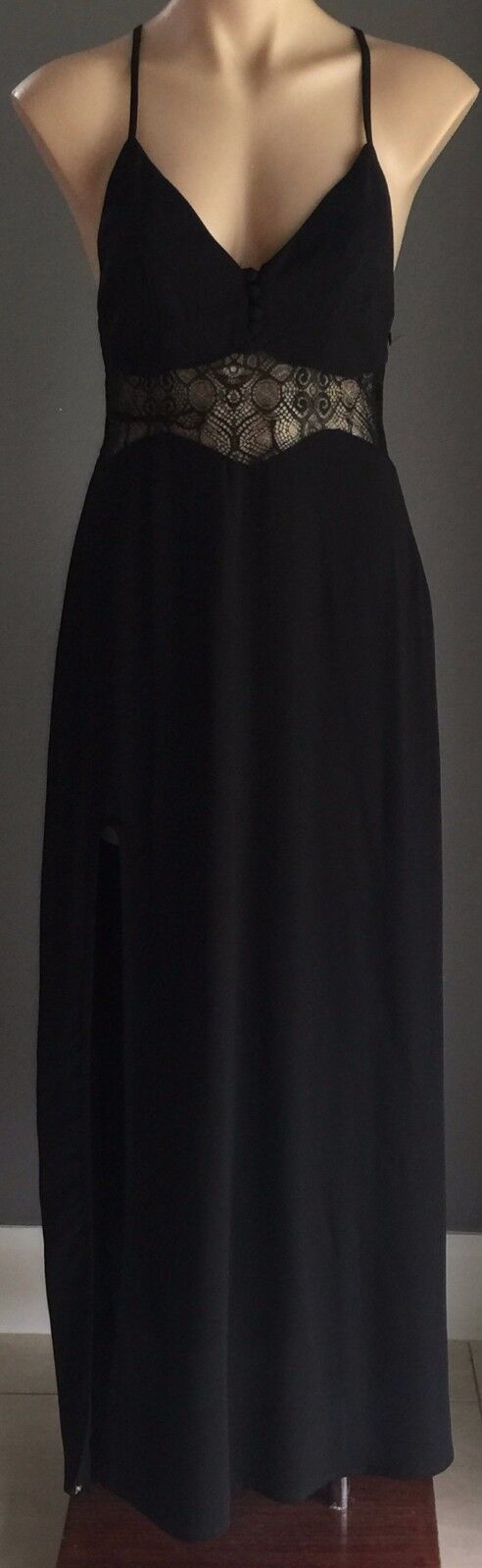 SHAREEN Maxi Dress Black Sleeveless Lace Waist Side Slit Ladies Size 10 Retro