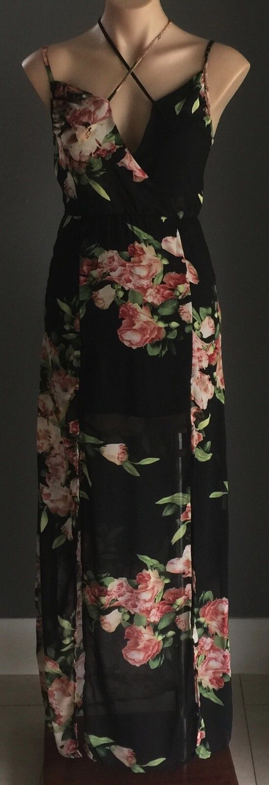 REVERSE Maxi Dress Floral CrissCross Shoulder Strap Sheer Size S 10 Slip On NEW