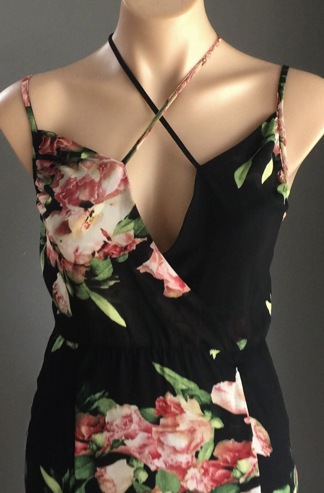 REVERSE Maxi Dress Floral CrissCross Shoulder Strap Sheer Size S 10 Slip On NEW
