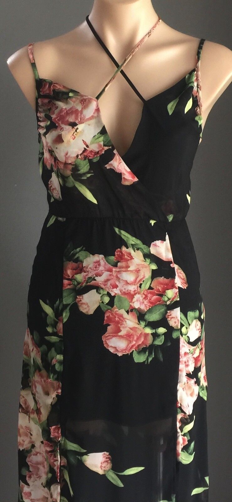 REVERSE Maxi Dress Floral CrissCross Shoulder Strap Sheer Size S 10 Slip On NEW