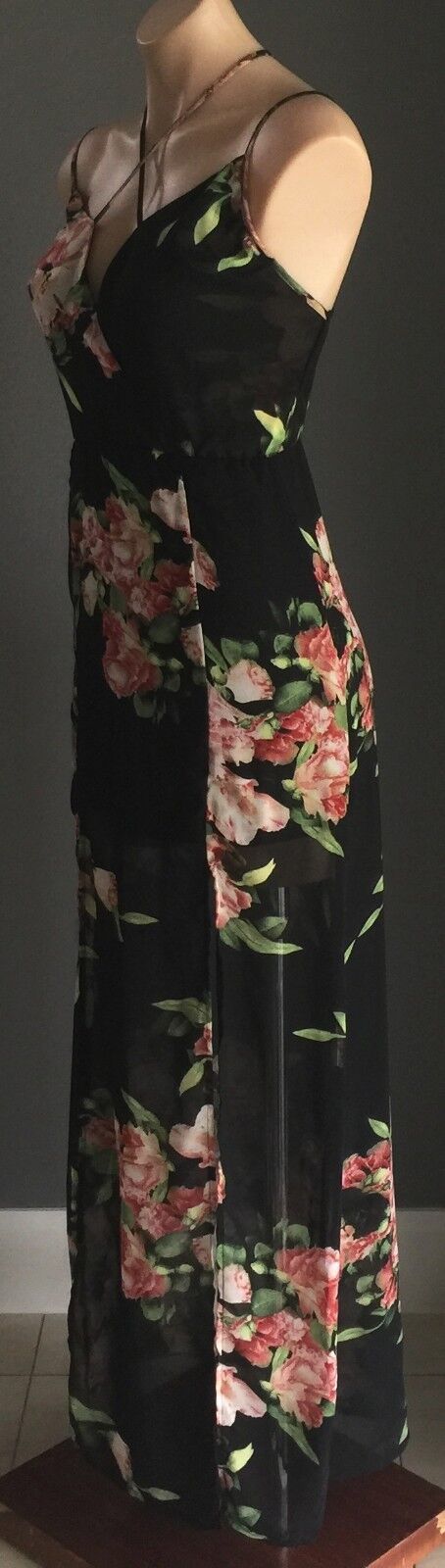 REVERSE Maxi Dress Floral CrissCross Shoulder Strap Sheer Size S 10 Slip On NEW