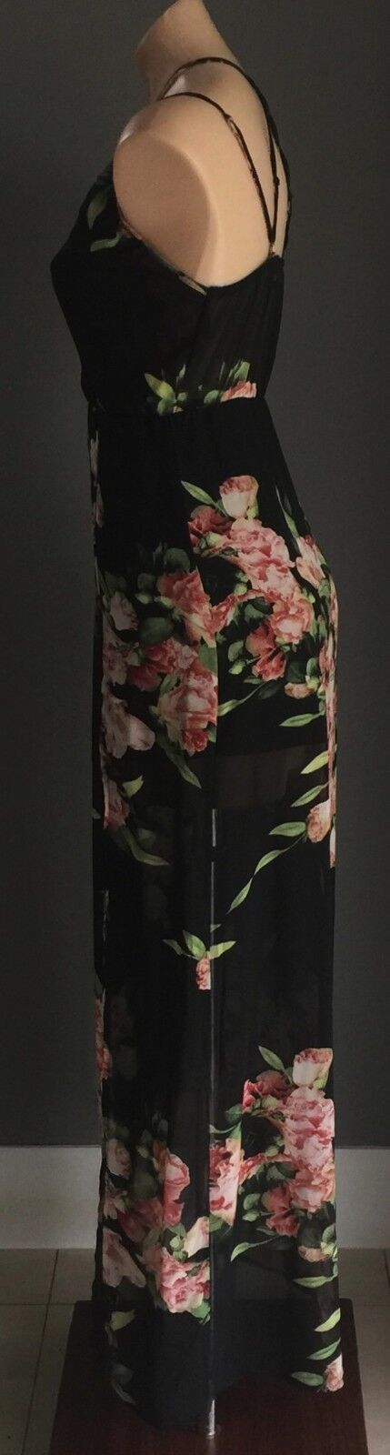 REVERSE Maxi Dress Floral CrissCross Shoulder Strap Sheer Size S 10 Slip On NEW