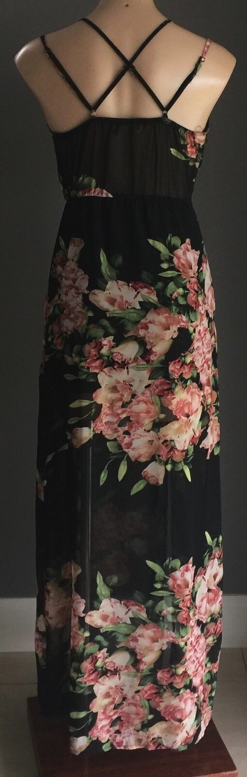 REVERSE Maxi Dress Floral CrissCross Shoulder Strap Sheer Size S 10 Slip On NEW