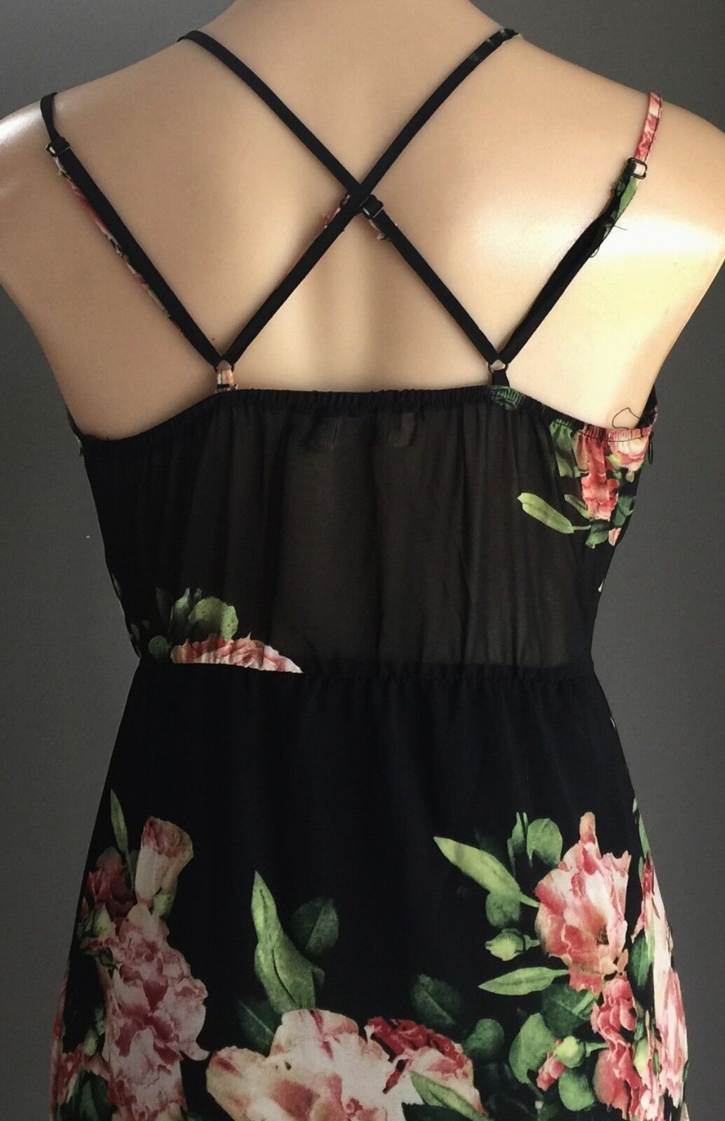 REVERSE Maxi Dress Floral CrissCross Shoulder Strap Sheer Size S 10 Slip On NEW