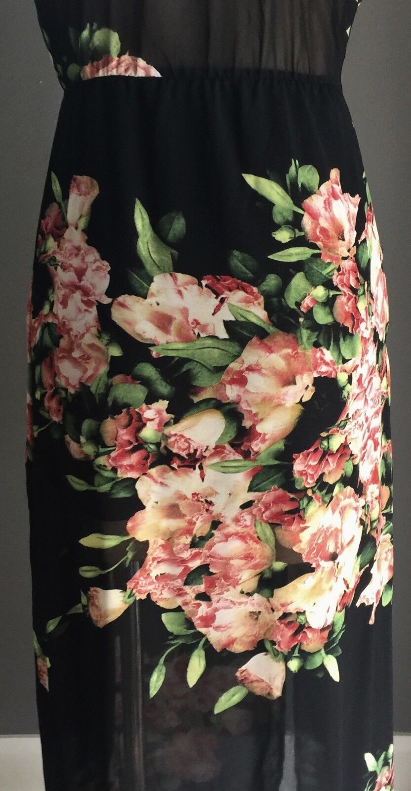 REVERSE Maxi Dress Floral CrissCross Shoulder Strap Sheer Size S 10 Slip On NEW