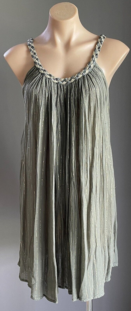 Khaki & Gold Thread Dress Stripe Sleeveless ALine Cheesecloth Casual Beach Pool